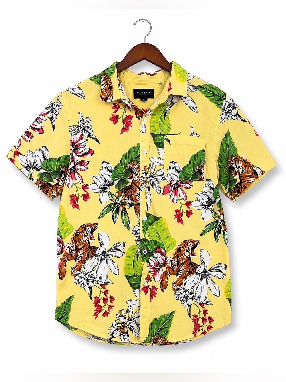 PacSun Tropical Tiger Print Button Down Men’s L | Yellow Hawaiian Short Sleeve